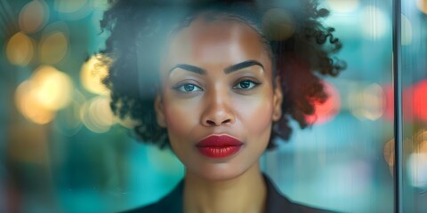 Obraz premium The Reflection of an African American Businesswoman in Glass: Illustrating Workplace Challenges and Discrimination. Concept Corporate Diversity, Glass Ceiling, Racism Awareness
