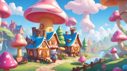 Obraz premium Candy land world with sweet game landscape vector. Fantasy magic pink candyland with cloud in sky and caramel village environment. Beautiful sugar yummy house bear childish road and dessert mushroom