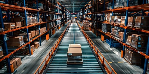 Efficient Warehouse Conveyor System Automating Delivery Processes. Concept Automated Warehousing, Conveyor Systems, Efficient Delivery, Warehouse Technology, Streamlining Processes