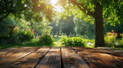 Fototapeta premium Wooden surface with sunny nature background