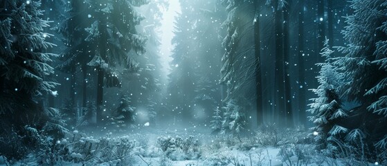 Magical Winter Forest Background with Falling Snowflakes. Serene Snowy Pine Trees in Mist. Perfect Winter Wonderland Scene for Holiday Themes and Seasonal Graphics.