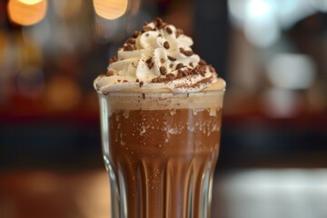 Rich Espresso Milkshake with Whipped Cream and Cocoa Sprinkles in a Stylish Coffee Shop