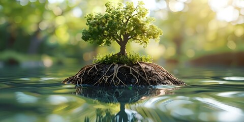 Symbolism of D tree roots in a globe of water highlighting the significance of water. Concept Symbolism, Tree roots, Globe of water, Significance of water, Nature conservation