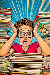 woman surrounded by stacks of papers and documents in shock, deadline in office work or exam, panic and confusion, pop art illustration style