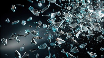 Shards of glass floating in mid air on dark background, shards, glass, floating, mid air, dark background, yellow, shimmering, fragments, flying, movement, rendering,explosion
