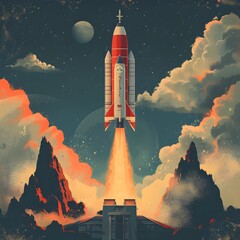 Naklejka premium Retro Futuristic Rocket Launch Over Dramatic Landscape Scene