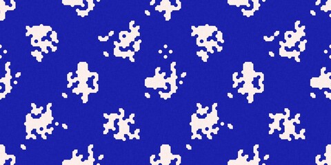 Faded electric blue glitch geo washed effect seamless border. Indigo dye grungy blotched distress abstract ribbon texture repeat. 