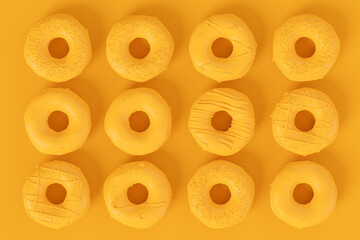 Isometric view of glazed donut with sprinkles on plain monochrome yellow color