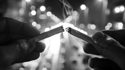 Two hands breaking a cigarette, bokeh background