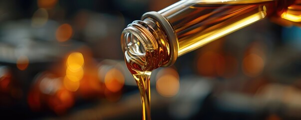 Golden beer or oil being poured from a bottle into a glass with dynamic splash and bubbles.