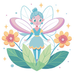 whimsical forest fairy with translucent wings and a glowing aura. The fairy should be surrounded by vibrant, oversized flowers and tiny, sparkling fireflies. Use a soft, pastel color palette to convey