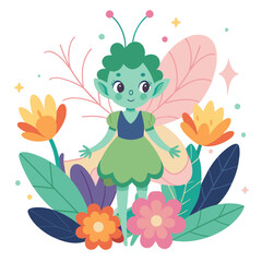 whimsical forest fairy with translucent wings and a glowing aura. The fairy should be surrounded by vibrant, oversized flowers and tiny, sparkling fireflies. Use a soft, pastel color palette to convey