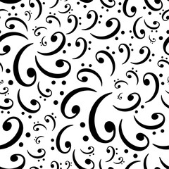 Bass clef music symbols in rotation floating over white backdrop vector seamless pattern. Surface art texture in black and white for use in fabric or graphic design or printing on various surfaces.