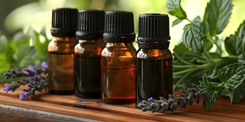 Aromatherapy Selection: Lavender, Peppermint, and Rosemary Essential Oil Bottles on Wooden Surface. Concept Aromatherapy, Lavender, Peppermint, Rosemary, Essential Oils, Wooden Surface