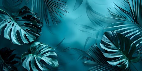 Naklejka premium Tropical leaf flat lay workspace on blue background with copy space. Concept Tropical Leaves, Flat Lay, Workspace, Blue Background, Copy Space