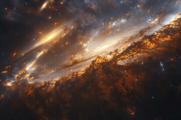 A cosmic collision between galaxies, a cataclysmic event shaping the fabric of the universe over billions of years. Concept of galactic evolution. Generative Ai.