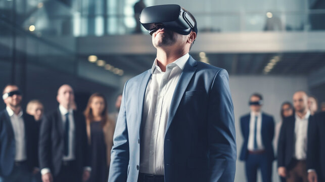 Senior business manager man attend meeting wearing virtual reality glasses, standing in auditorium convention hall with crowd of business people