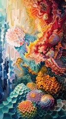 Hexagonal motifs emerge from a sea of fluid, abstract shapes on a radiant, sunlit background, a celebration of diversity and complexity in form.