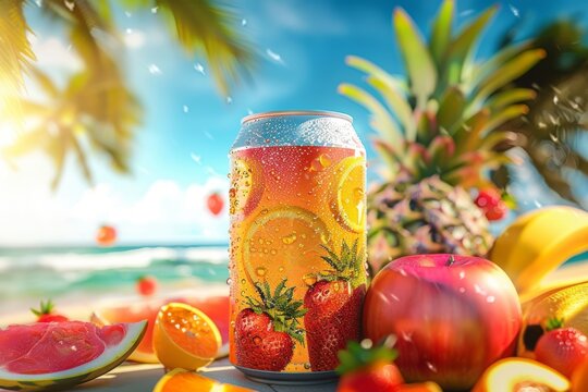 Tropical Energy Drink Can Surrounded by Fresh Fruits on a Sunny Beach - Perfect for Summer Advertisement