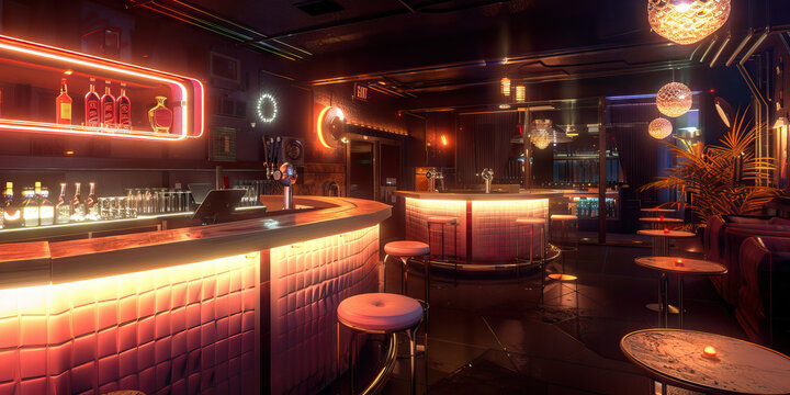Tech Noir Speakeasy: A speakeasy-style bar with a retro-futuristic design, featuring live music, dim lighting, and a secretive atmosphere