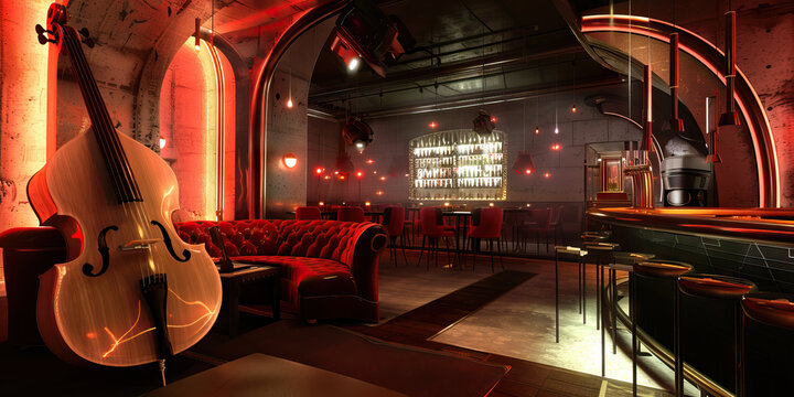 Tech Noir Speakeasy: A speakeasy-style bar with a retro-futuristic design, featuring live music, dim lighting, and a secretive atmosphere