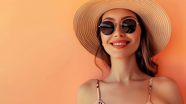 woman wearing a straw hat and sunglasses, posing against a pastel orance background banner with copy space