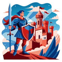medieval knight in full armor, holding a large shield and sword. The knight should be standing on a castle wall, with banners waving in the wind and a dragon flying in the distance. Use rich, earthy t