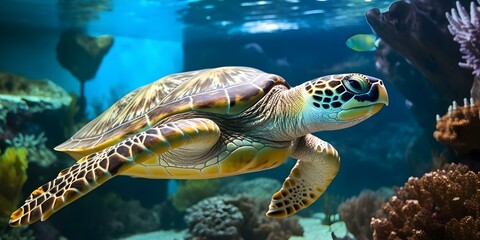 Fototapeta premium Green sea turtle gracefully gliding through vibrant ocean corals and algae on the seabed. Concept Marine life photography, Underwater ecosystems, Tropical reef creatures, Ocean conservation