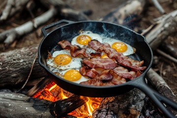 Bacon and eggs cooked on open fire