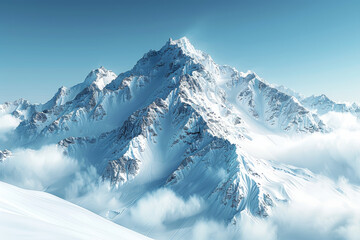 Obraz premium A breathtaking panorama of snow-capped peaks rising majestically against a backdrop of azure skies, a testament to the grandeur of nature. Concept of alpine splendor. Generative Ai.