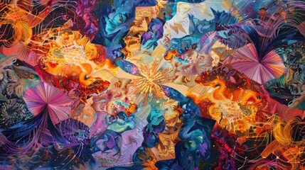 Harmonious explosions of color dancing across a backdrop of intertwining, mesmerizing patterns.