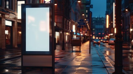 Fototapeta premium Ultra-resolution mockup of a vertical ad stand with a white blank surface on a nighttime city sidewalk, perfect for showcasing advertisements