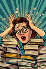 woman surrounded by stacks of papers and documents in shock, deadline in office work or exam, panic and confusion, pop art illustration style