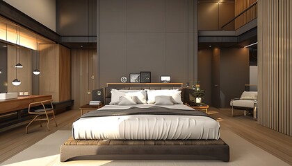 Loft and modern bedroom / 3D render image 