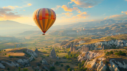 Naklejka premium Turkey's Goreme National Park in Cappadocia transforms into a mesmerizing sight with hot air balloons gliding through its mountain valleys.