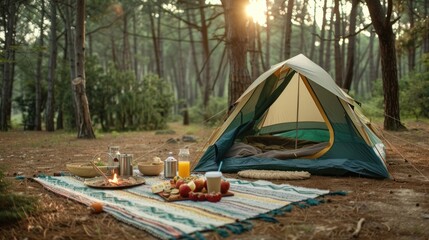 Breakfast near the tent in the forested campsite