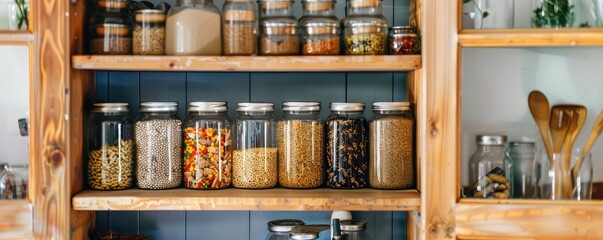 Shelves stocked with various jars filled with legumes, pasta, and herbs in a kitchen pantry.