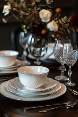 Elegant porcelain dinner set. Luxury ceramics tableware setting	