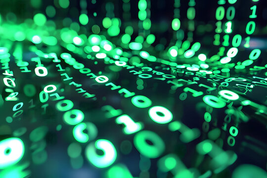 vibrant neon green binary code streaming rapidly. conveys rapid technological advancement in the 21st century. generative ai