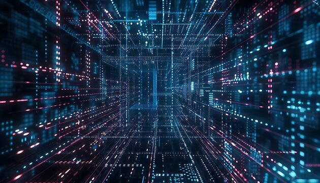Digital binary code matrix background - 3D rendering of a scientific technology data binary code network conveying connectivity, complexity and data flood of modern digital age 