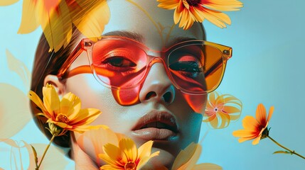 Double exposure combines a woman's face and tropical flowers. The concept of the unity of nature and man. The vitality of the human soul in the illustration of nature. Collage of contemporary art.