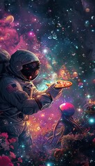 Fototapeta premium Cosmic Pizza Delivery: Astronaut Sharing Slice with Alien in Vibrant Galactic Backdrop