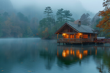 Obraz premium A tranquil lakeside retreat surrounded by towering pines, where the stillness of nature invites introspection and creative exploration. Concept of lakeside inspiration. Generative Ai.
