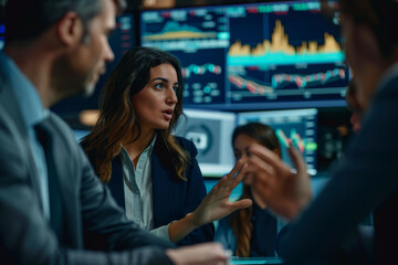 Fototapeta premium A businesswoman discussing with her colleague in a room with a lot of monitors, business and finance concept