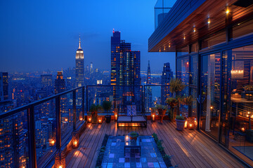 Fototapeta premium A rooftop terrace overlooking the city skyline, where the twinkling lights below inspire lofty dreams and artistic vision. Concept of elevated creativity. Generative Ai.