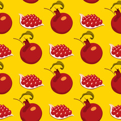 Seamless pattern with pomegranate fruits and seeds on yellow background. Vector design for cosmetics, spa, pomegranate juice, health care products. suitable for wallpaper, wrapping paper, textile