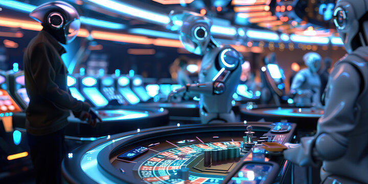 Futuristic Casino: A high-tech casino with holographic games, robotic dealers, and patrons gambling in a futuristic setting