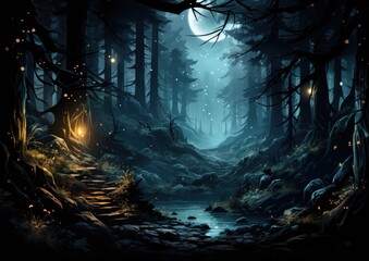 Fototapeta premium A magical forest path illuminated by moonlight and glowing lights