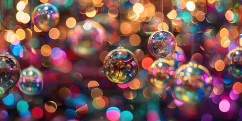 Floating orbs of iridescent light suspended in a dance of colors, forming a dreamy and enchanting abstract composition that evokes a sense of celebration.