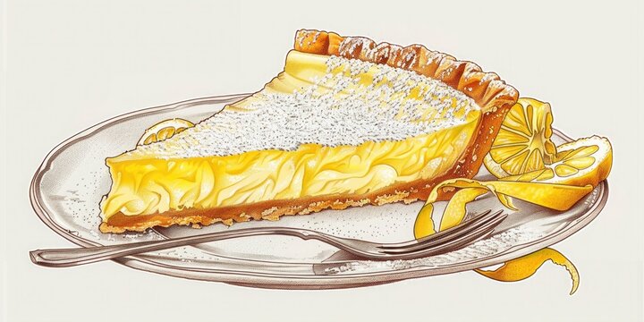 recommend clip art: Exquisitely sketched line art of a slice of tangy lemon tart, with a buttery pastry crust and a tart lemon filling, dusted with powdered sugar and garnished with a twist of lemon zest.